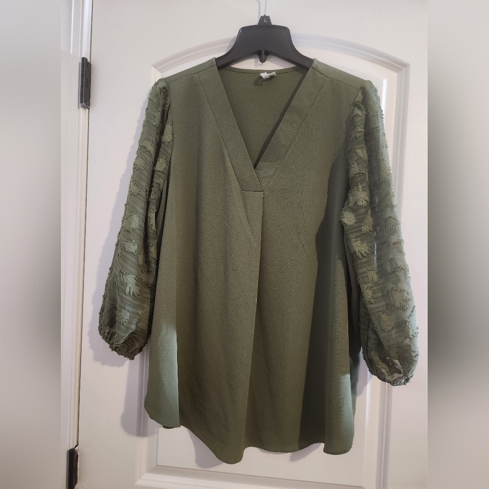 Cato Olive Green Blouse with Textured Sleeves